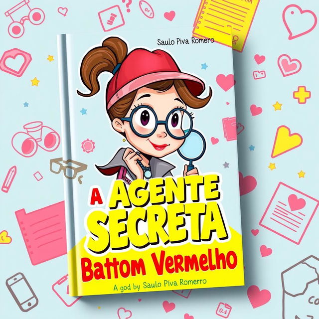 A colorful and whimsical book cover for a children's book titled 'A Agente Secreta do Batom Vermelho' by Saulo Piva Romero