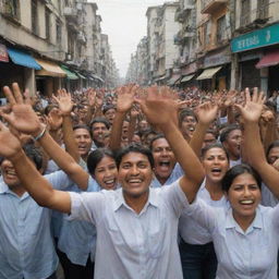 In the newly rebuilt cities, the mood is jubilant. The streets are filled with cheering crowds, joyful faces radiate satisfaction and accomplishment as they celebrate the fruits of their collective resilience and hard work.