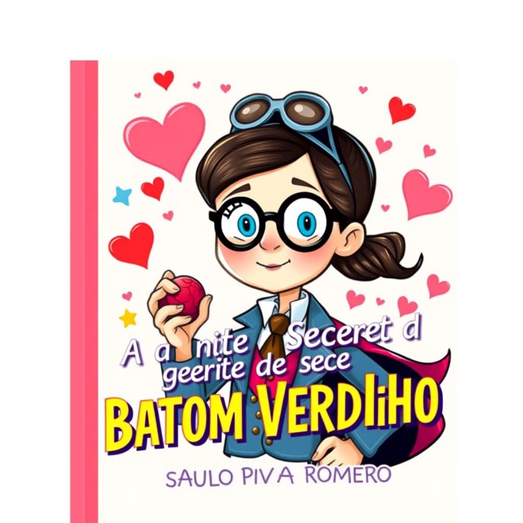 Uma capa de livro infantil colorida e encantadora para o título 'A Agente Secreta do Batom Vermelho' de Saulo Piva Romero