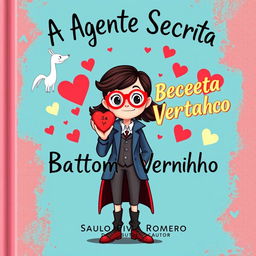 Uma capa de livro infantil colorida e encantadora para o título 'A Agente Secreta do Batom Vermelho' de Saulo Piva Romero