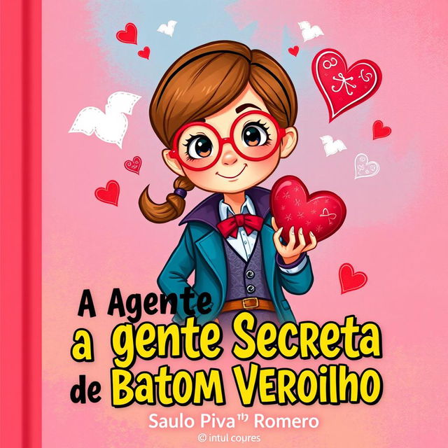 Uma capa de livro infantil colorida e encantadora para o título 'A Agente Secreta do Batom Vermelho' de Saulo Piva Romero