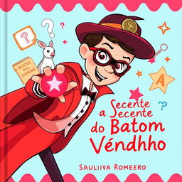 Uma capa de livro infantil vibrante e divertida para o título 'A Agente Secreta do Batom Vermelho' de Saulo Piva Romero