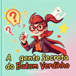 Uma capa de livro infantil vibrante e divertida para o título 'A Agente Secreta do Batom Vermelho' de Saulo Piva Romero