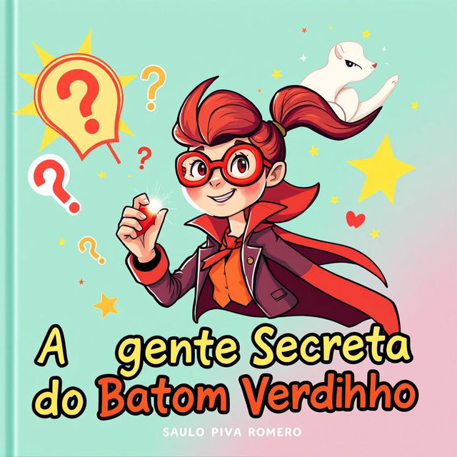 Uma capa de livro infantil vibrante e divertida para o título 'A Agente Secreta do Batom Vermelho' de Saulo Piva Romero