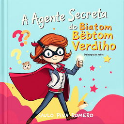 Uma capa de livro infantil vibrante e divertida para o título 'A Agente Secreta do Batom Vermelho' de Saulo Piva Romero