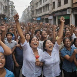 In the newly rebuilt cities, the mood is jubilant. The streets are filled with cheering crowds, joyful faces radiate satisfaction and accomplishment as they celebrate the fruits of their collective resilience and hard work.