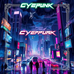 A stunning digital illustration of a cyberpunk cityscape at night for a game cover