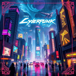 A stunning digital illustration of a cyberpunk cityscape at night for a game cover