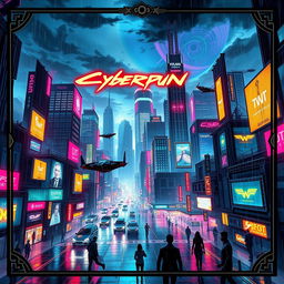A stunning digital illustration of a cyberpunk cityscape at night for a game cover