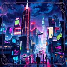 A stunning digital illustration of a cyberpunk cityscape at night for a game cover