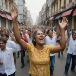 In the newly rebuilt cities, the mood is jubilant. The streets are filled with cheering crowds, joyful faces radiate satisfaction and accomplishment as they celebrate the fruits of their collective resilience and hard work.