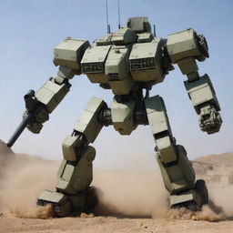 Transforming tanks morphing into enormous Mecha, now equipped with a dominant cannon, initially part of the tank's turret. It provides the Mecha with a powerful artillery weapon, the transformation intricately integrating the cannon into the humanoid form