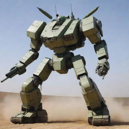 Transforming tanks morphing into enormous Mecha, now equipped with a dominant cannon, initially part of the tank's turret. It provides the Mecha with a powerful artillery weapon, the transformation intricately integrating the cannon into the humanoid form