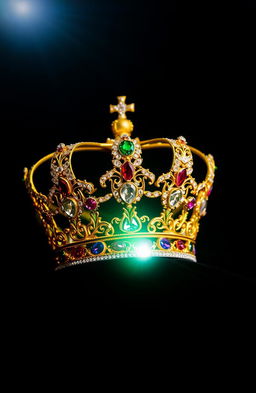 A stunningly beautiful crown, intricately designed with dazzling gemstones and elegant gold filigree, placed gracefully in the center of the image