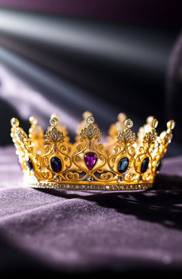 A stunningly beautiful crown, intricately designed with dazzling gemstones and elegant gold filigree, placed gracefully in the center of the image
