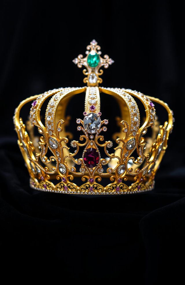 A stunningly beautiful crown, intricately designed with dazzling gemstones and elegant gold filigree, placed gracefully in the center of the image