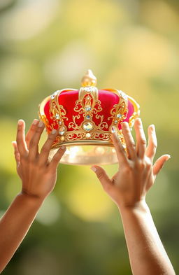 A beautiful, ornate crown situated prominently in the center of the image, vividly detailed with intricate designs and sparkling jewels