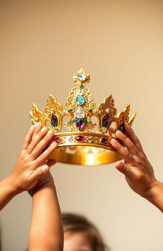 A beautiful, ornate crown situated prominently in the center of the image, vividly detailed with intricate designs and sparkling jewels