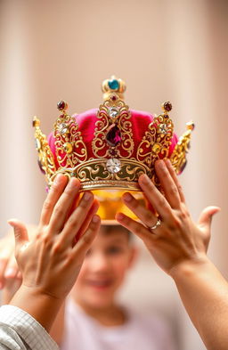 A beautiful, ornate crown situated prominently in the center of the image, vividly detailed with intricate designs and sparkling jewels