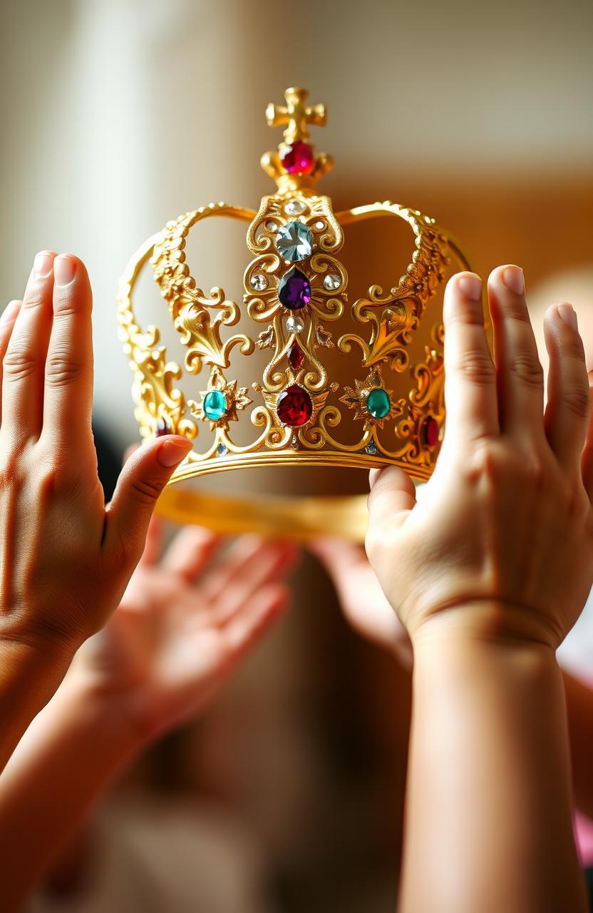 A beautiful, ornate crown situated prominently in the center of the image, vividly detailed with intricate designs and sparkling jewels