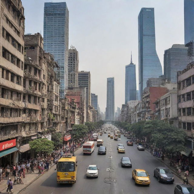 Ninety years later, the cities are not only rebuilt, but thriving; they've regained their 'normalcy'. Streets teem with life, towering skyscrapers reach towards the sky, and the vibrant hustle and bustle signify a grand recovery from the disaster.