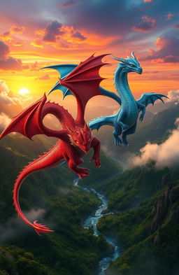 A stunning fantasy landscape featuring two majestic dragons: one bright red with shimmering scales and fiery eyes, and the other a deep blue with iridescent scales and piercing gaze