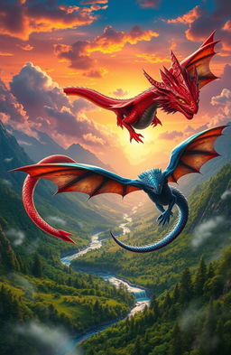 A stunning fantasy landscape featuring two majestic dragons: one bright red with shimmering scales and fiery eyes, and the other a deep blue with iridescent scales and piercing gaze