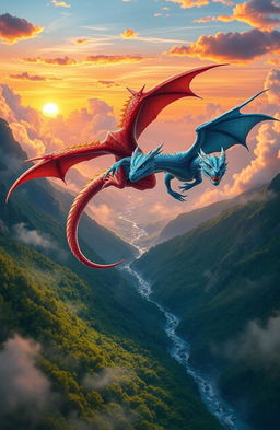 A stunning fantasy landscape featuring two majestic dragons: one bright red with shimmering scales and fiery eyes, and the other a deep blue with iridescent scales and piercing gaze