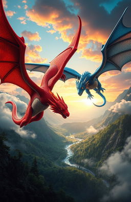 A stunning fantasy landscape featuring two majestic dragons: one bright red with shimmering scales and fiery eyes, and the other a deep blue with iridescent scales and piercing gaze