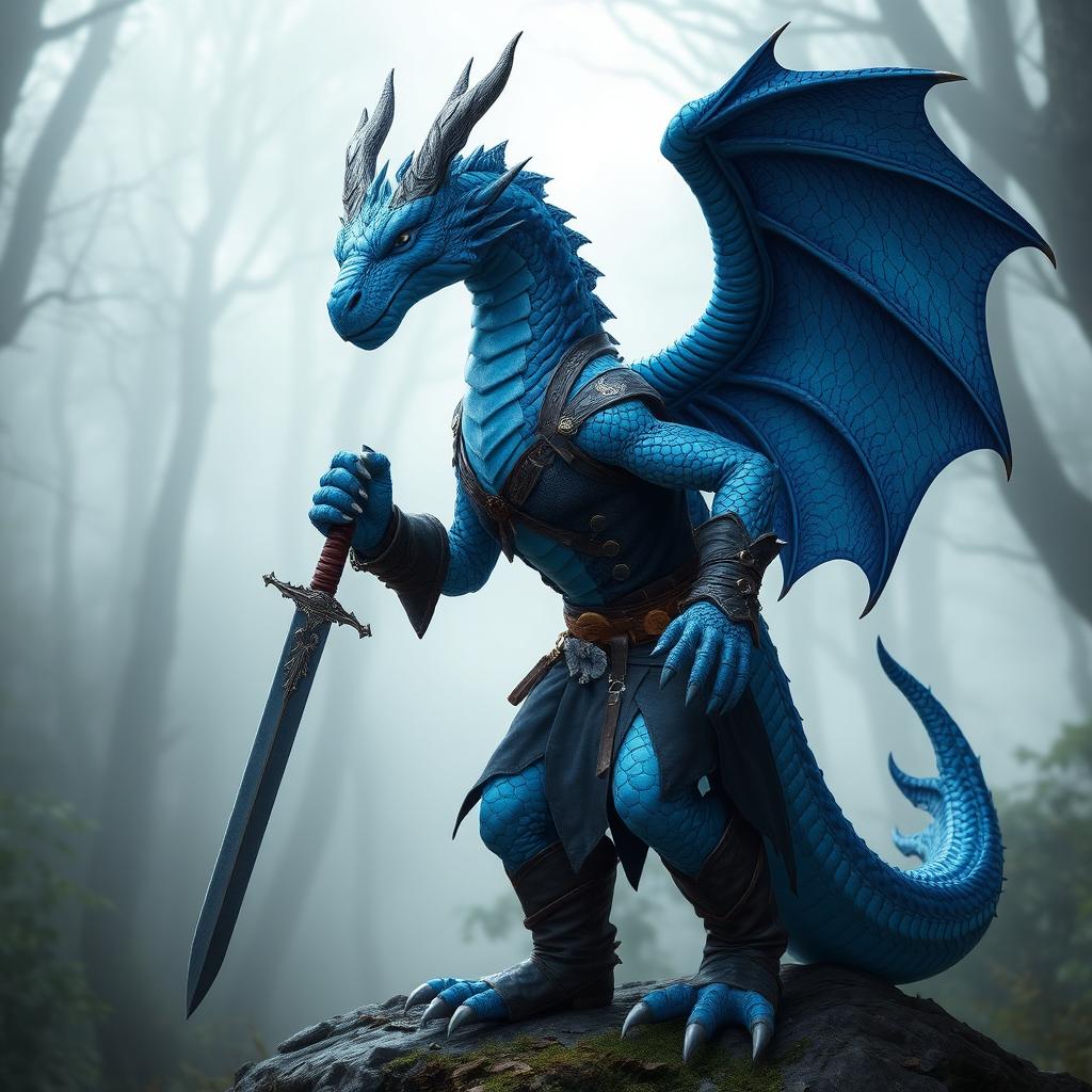 A majestic blue dragon humanoid character, wearing a rogue-style outfit with intricate details