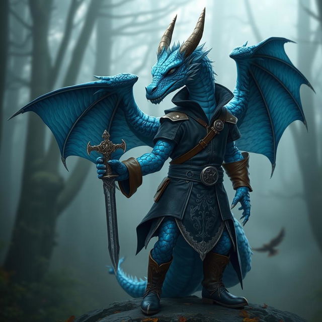 A majestic blue dragon humanoid character, wearing a rogue-style outfit with intricate details