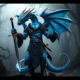A majestic blue dragon humanoid character, wearing a rogue-style outfit with intricate details