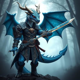 A majestic blue dragon humanoid character, wearing a rogue-style outfit with intricate details