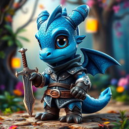 A small blue dragon humanoid character, dressed in a rogue-style outfit with intricate details