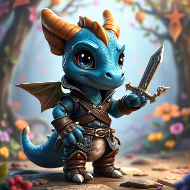 A small blue dragon humanoid character, dressed in a rogue-style outfit with intricate details