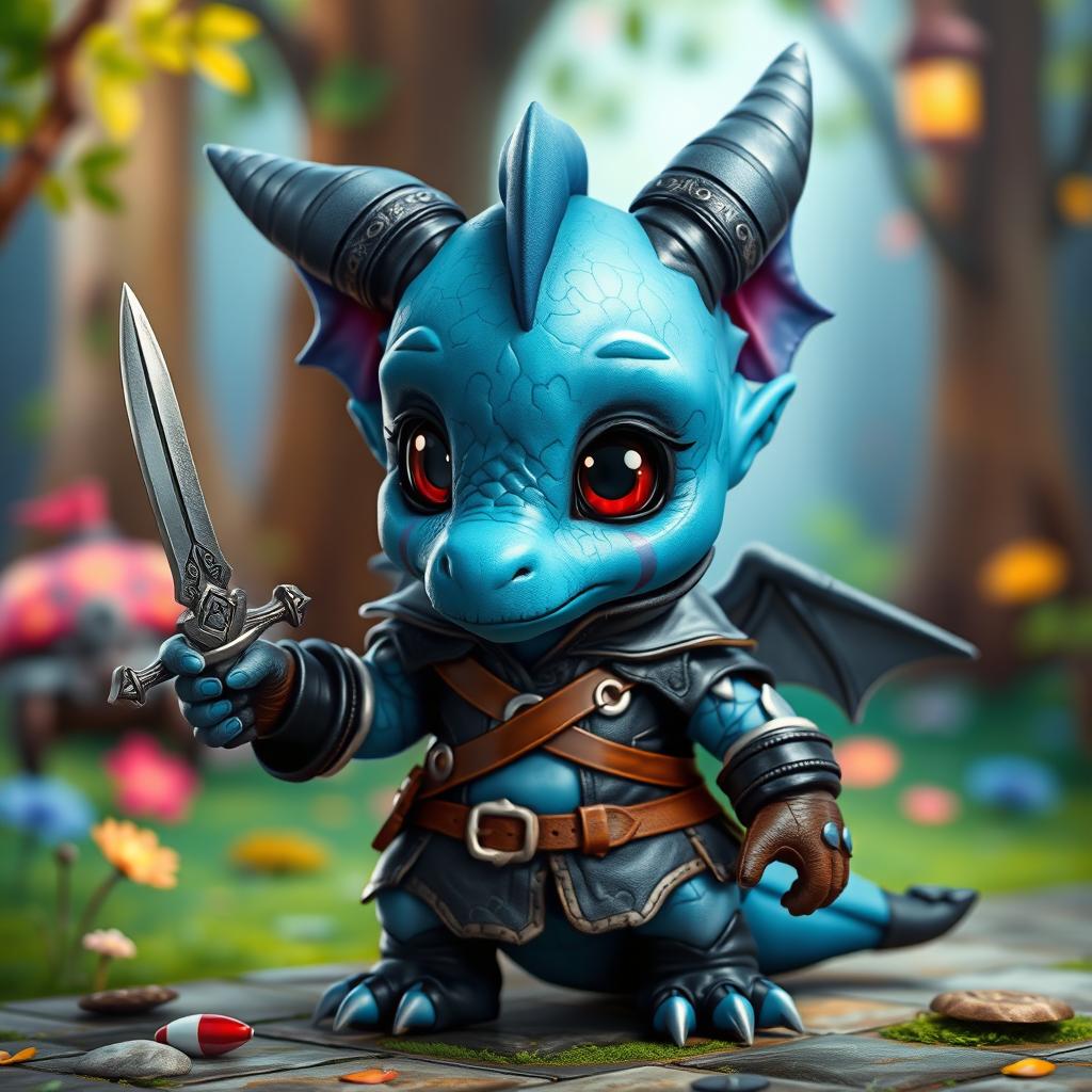 A small blue dragon humanoid character, dressed in a rogue-style outfit with intricate details