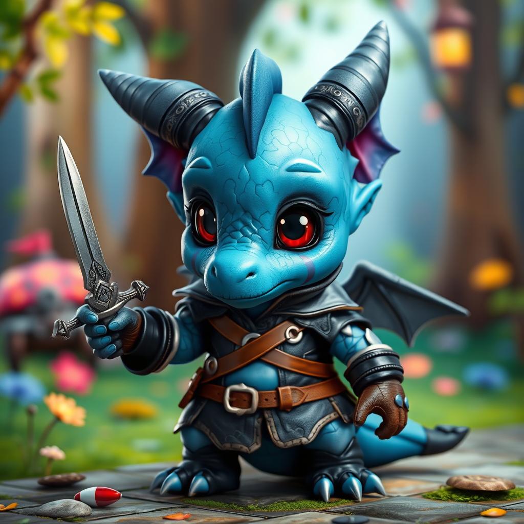 A small blue dragon humanoid character, dressed in a rogue-style outfit with intricate details