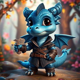 A small blue dragon humanoid character, dressed in a rogue-style outfit with intricate details