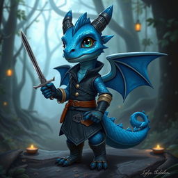 A short blue dragon humanoid character, elegantly dressed in a rogue-style outfit