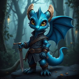 A short blue dragon humanoid character, elegantly dressed in a rogue-style outfit