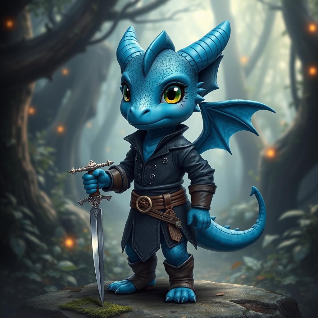 A short blue dragon humanoid character, elegantly dressed in a rogue-style outfit