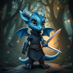 A short blue dragon humanoid character, elegantly dressed in a rogue-style outfit