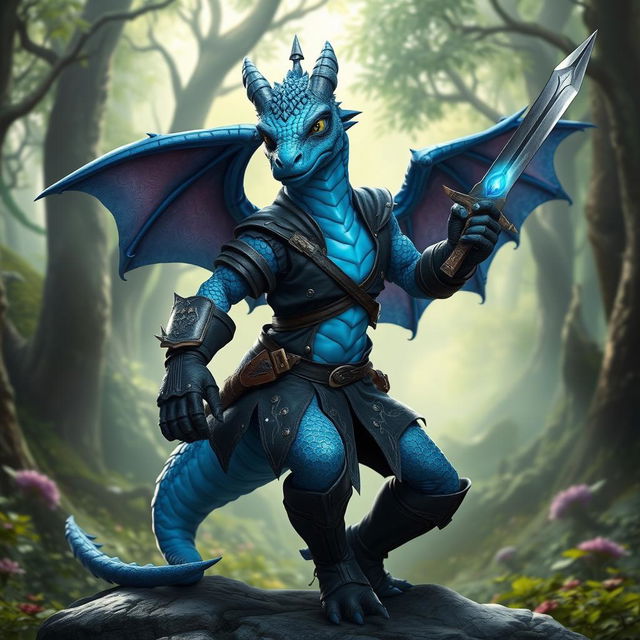 A striking blue dragon humanoid character, equipped with a rogue-style outfit that features a dark, fitted tunic adorned with subtle silver patterns