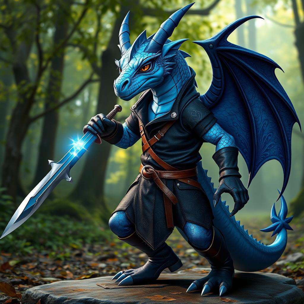 A striking blue dragon humanoid character, equipped with a rogue-style outfit that features a dark, fitted tunic adorned with subtle silver patterns