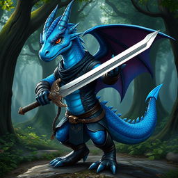 A striking blue dragon humanoid character, equipped with a rogue-style outfit that features a dark, fitted tunic adorned with subtle silver patterns