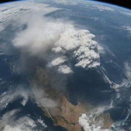 Suddenly, a thick cloud of smoke engulfs the planet for 40 days. The view from space portrays an eerie sight as Earth is veiled in a dark, ominous haze, casting the newly rebuilt and vibrant cities into a shroud of mystery.