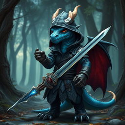 A blue dragon humanoid character dressed in a detailed rogue-style outfit inspired by Dungeons & Dragons