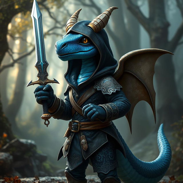 A blue dragon humanoid character dressed in a detailed rogue-style outfit inspired by Dungeons & Dragons