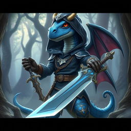 A blue dragon humanoid character dressed in a detailed rogue-style outfit inspired by Dungeons & Dragons