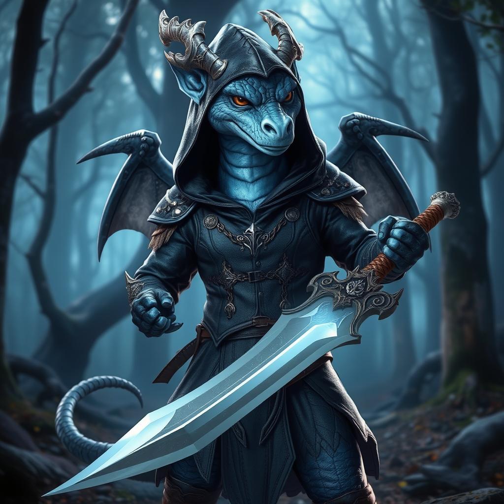 A blue dragon humanoid character dressed in a detailed rogue-style outfit inspired by Dungeons & Dragons